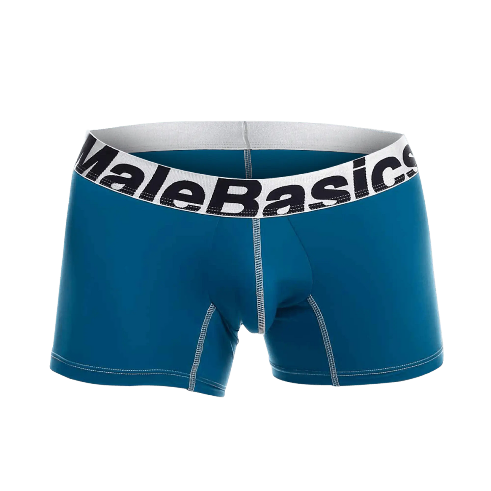 Teal malebasics microfiber boxer briefs with white waistband black lettering and contrasting stitching front view