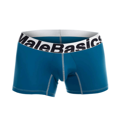 Teal malebasics microfiber boxer briefs with white waistband black lettering and contrasting stitching front view