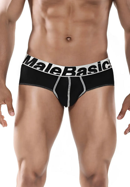 Black male basics microfiber briefs with white elastic waistband and silver stitching details front view
