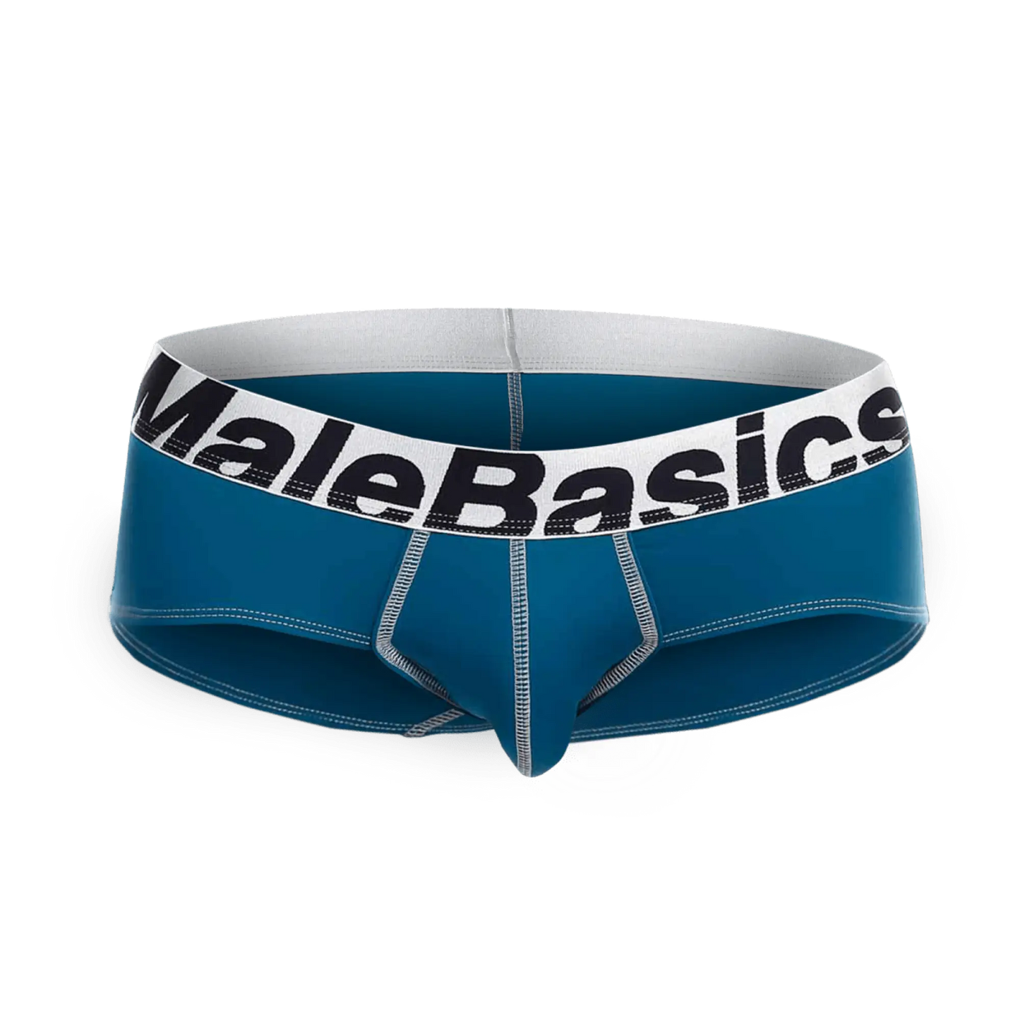 Blue malebasics microfiber briefs with white waistband black lettering and silver stitching front view
