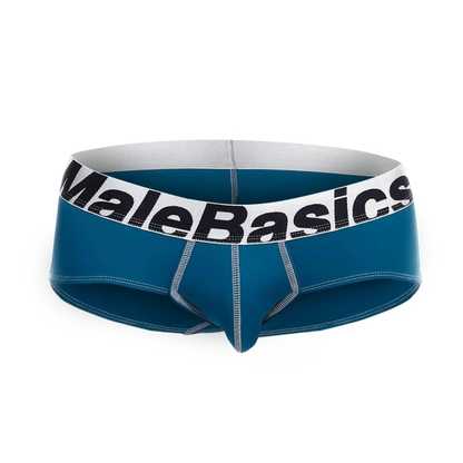 Blue malebasics microfiber briefs with white waistband black lettering and silver stitching front view