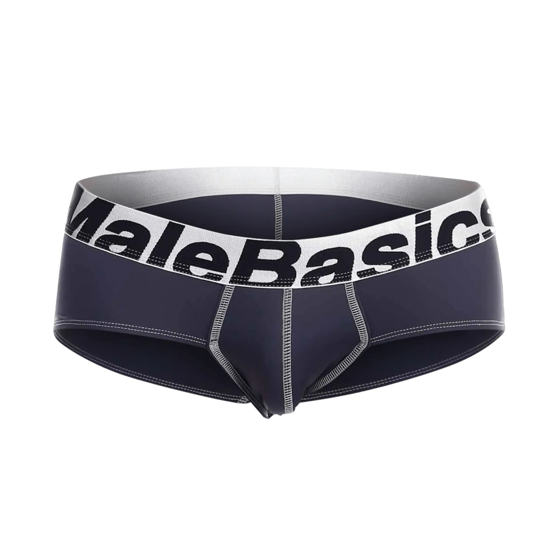 MaleBasics microfiber brief in dark navy blue with white elastic waistband black lettering and silver stitching