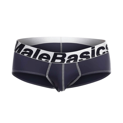 MaleBasics microfiber brief in dark navy blue with white elastic waistband black lettering and silver stitching