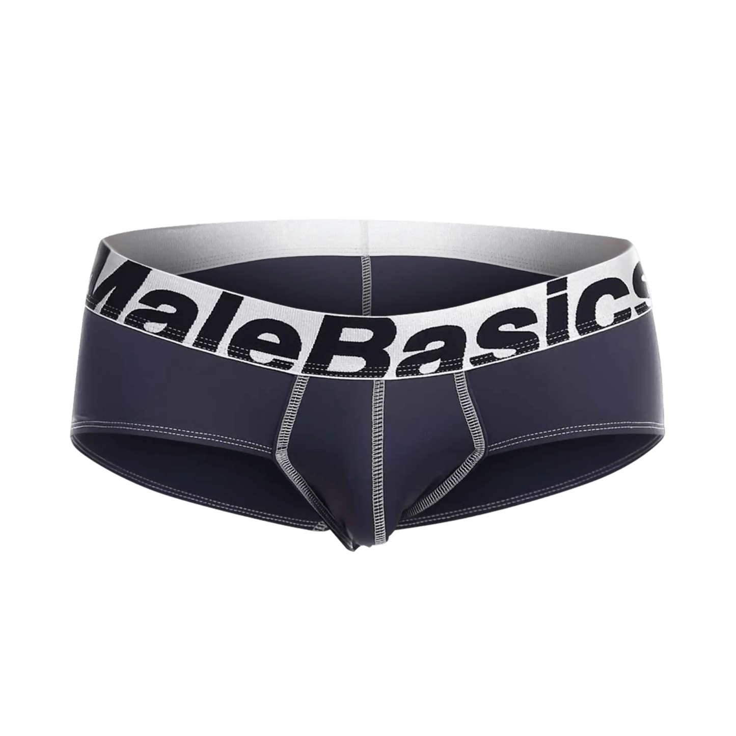 MaleBasics microfiber brief in dark navy blue with white elastic waistband and silver contrasting stitching