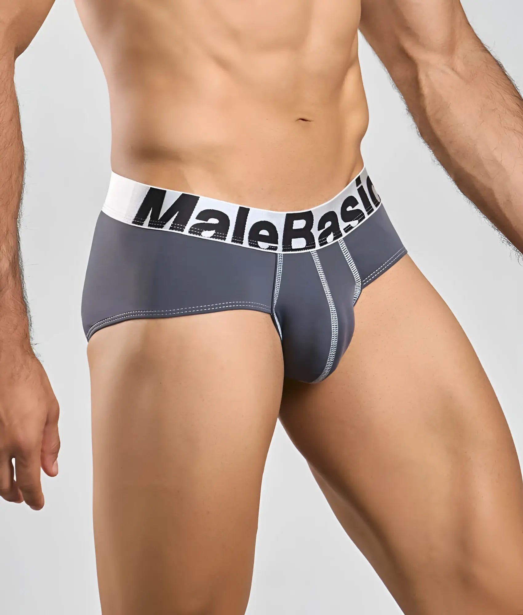 Gray malebasic microfiber briefs with a white waistband featuring black lettering for comfortable everyday wear