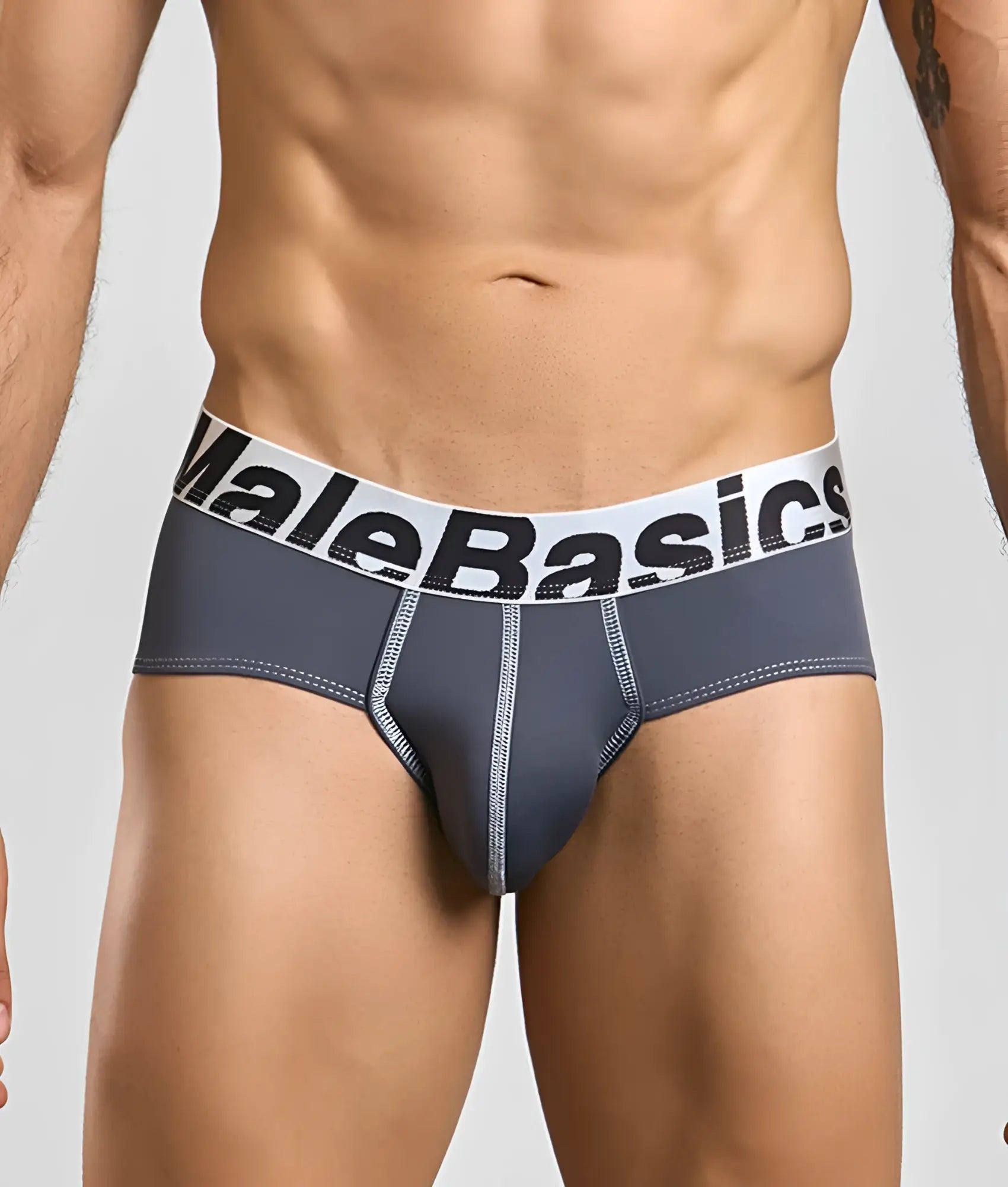Gray malebasics microfiber briefs with white waistband black lettering and subtle gray stitching along seams