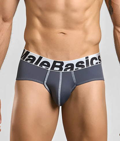 Gray malebasics microfiber briefs with white waistband black lettering and subtle gray stitching along seams