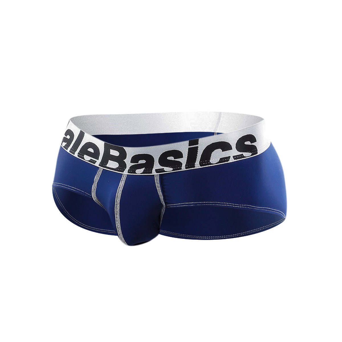 Malebasics microfiber brief in blue microfiber with a white waistband featuring the alebasics logo in black lettering