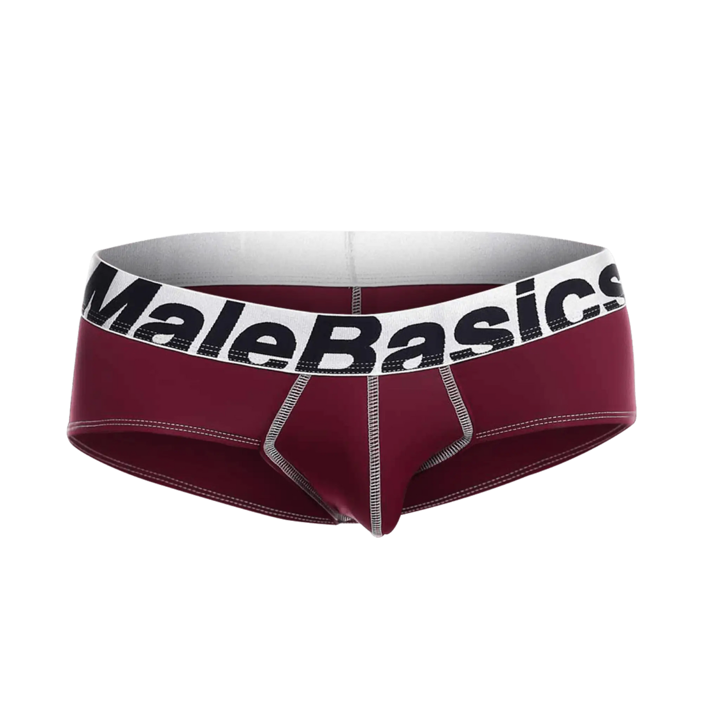 Maroon malebasics microfiber brief with white waistband black lettering and silver stitching front view
