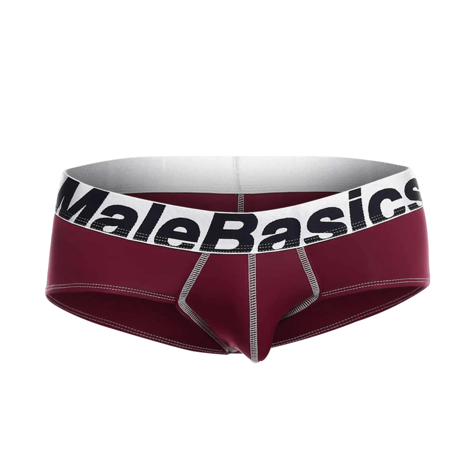 Maroon malebasics microfiber brief with white waistband black lettering and silver stitching front view