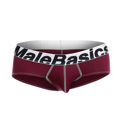 Malebasics microfiber brief in maroon with white waistband black lettering and silver stitching front view