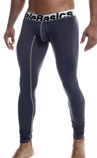 MaleBasics Microfiber longjohn dark gray leggings with white stitching and white waistband featuring alebasics branding