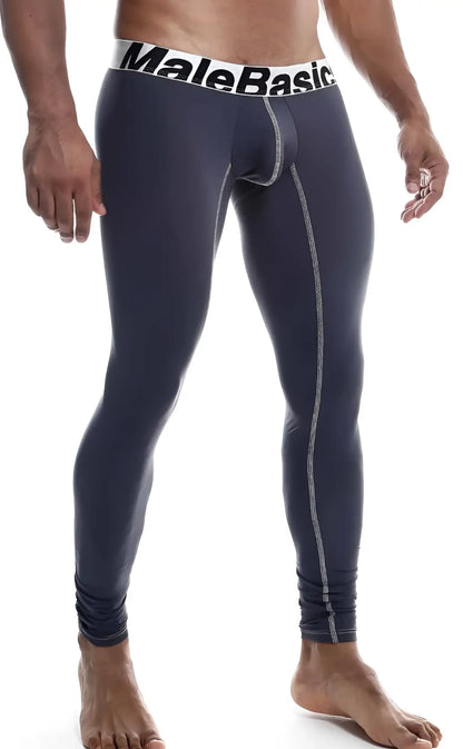 Malebasics microfiber longjohn dark navy blue compression tights with white elastic waistband and gray stitching
