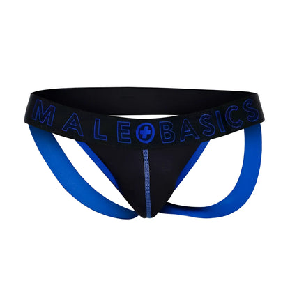 Black and blue male basics neon jock athletic briefs with bold logo band for comfortable active wear