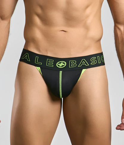 Malebasics neon jock new colors black and neon green athletic briefs with branded waistband front view