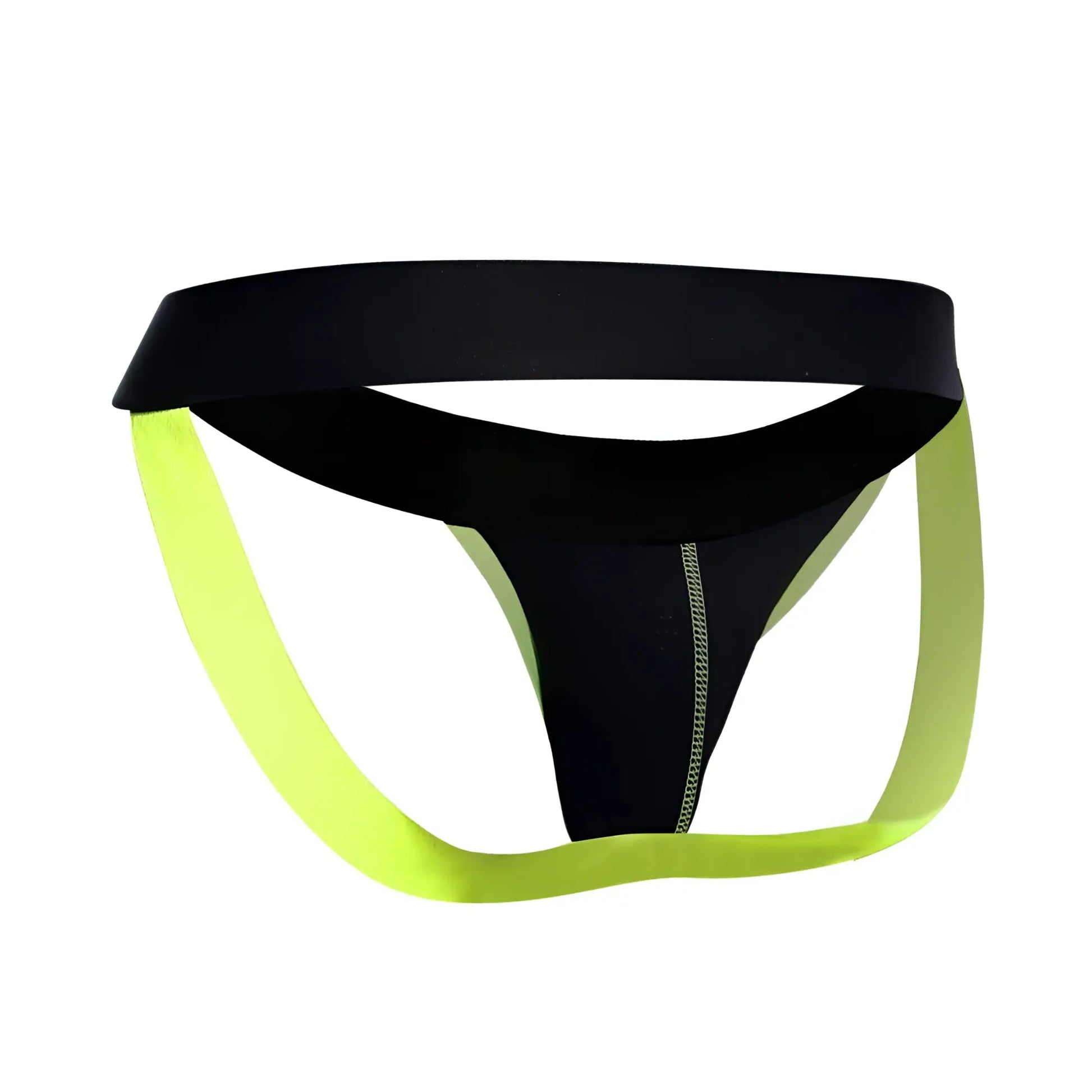 Black and neon green malebasics neon jock athletic briefs with central zipper detail for activewear use