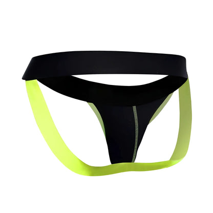 Black and neon green malebasics neon jock athletic briefs with central zipper detail for activewear use
