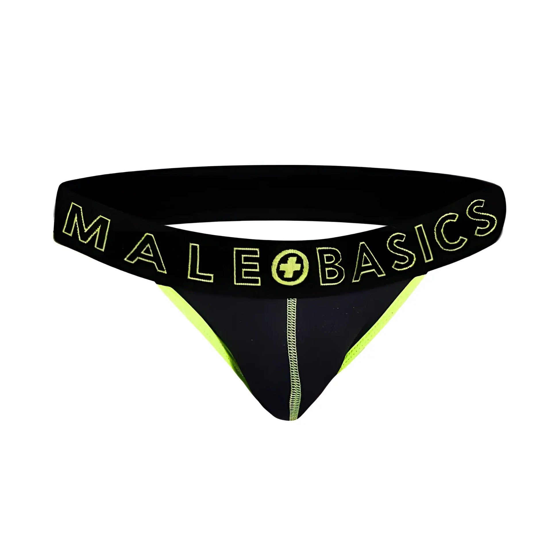 Black and neon green male basics thong with bold logo band front view from the neon jock new colors collection