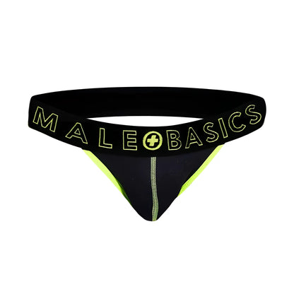 Black and neon green male basics thong with bold logo band front view from the neon jock new colors collection