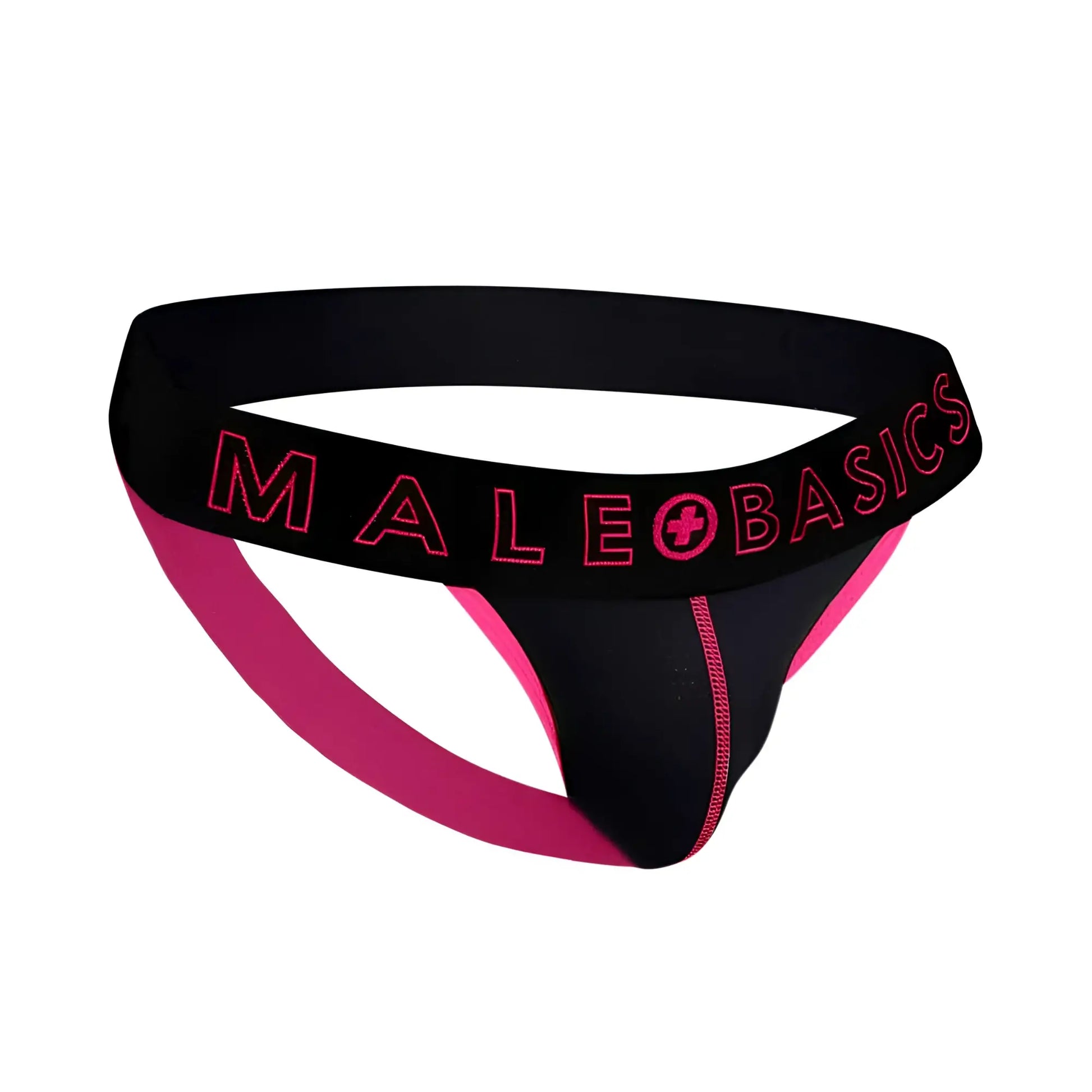 Black and pink male basics neon jock thong with bold logo trim designed for comfortable everyday wear