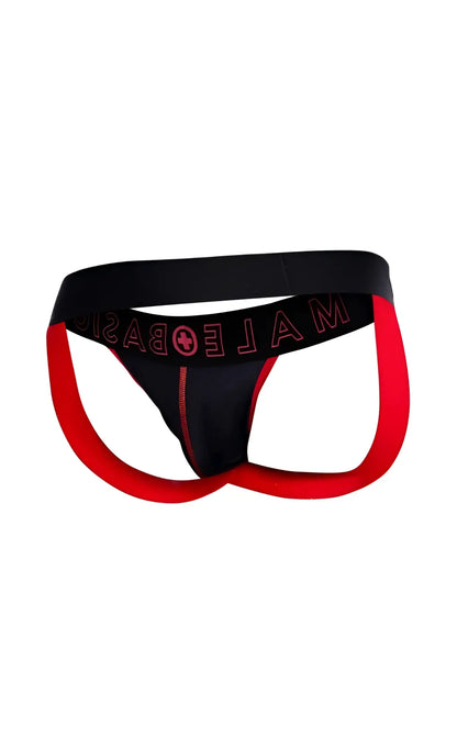 Black and red male briefs with bold design and pink male basic branding on waistband in MaleBasics Neon Jock new colors