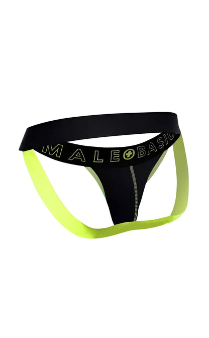 Black and neon yellow male basics neon jock thong with bold contrasting design shown from the back side
