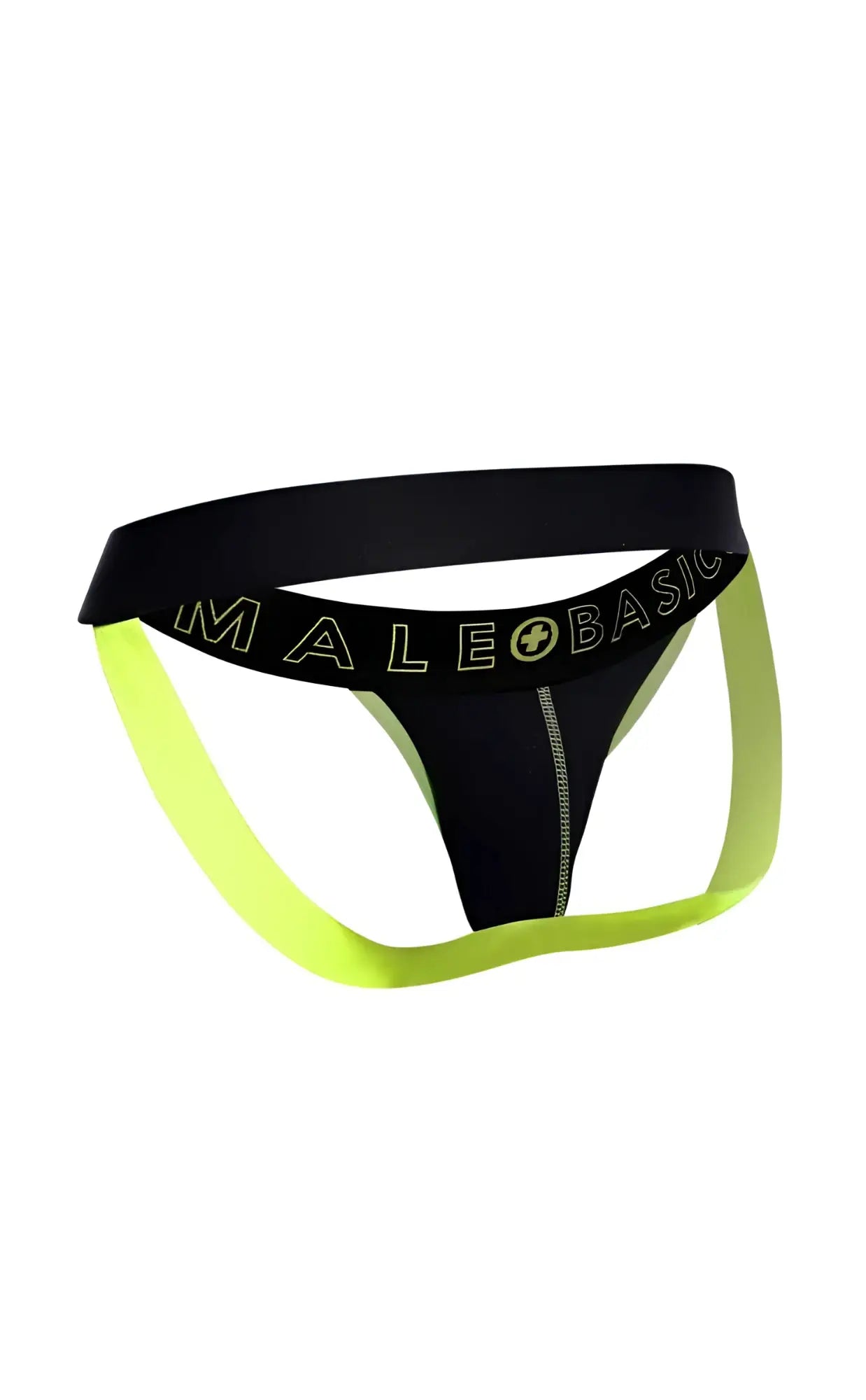 MaleBasics neon jock new colors black and neon yellow male thong with bold contrasting design front view