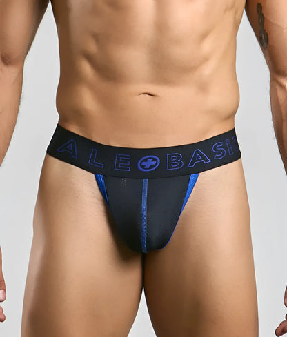 Black and blue malebasics neon thong athletic briefs with branded waistband designed for active wear