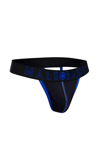 Black male basics neon thong with blue trim and logo made of soft breathable fabric shown from the back side