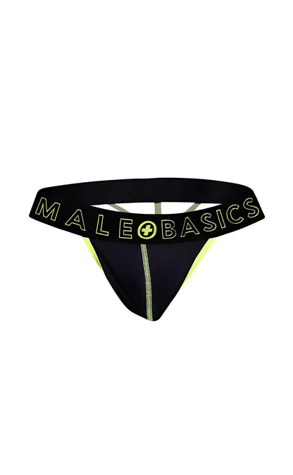 Black male basics neon thong with neon yellow trim and central seam designed for comfortable everyday wear