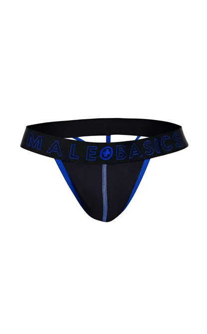 Black male basics neon thong with blue trim and logo detailing front view in soft breathable fabric