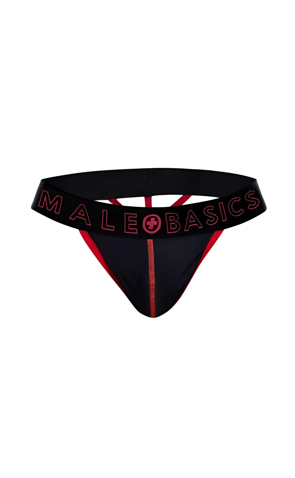 Black male basics neon thong with red trim and logo detailing made from soft breathable fabric for everyday wear