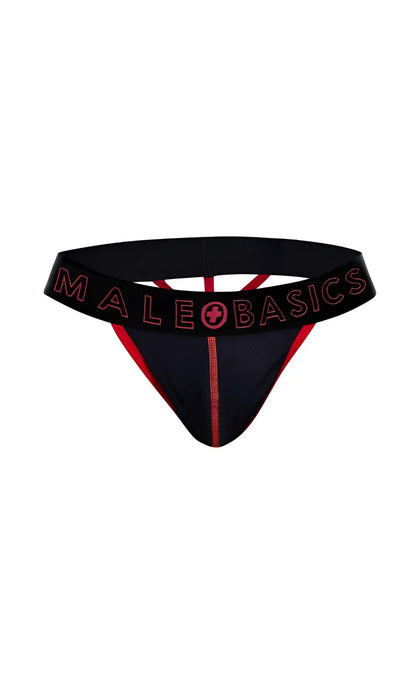 Black male basics neon thong with red trim and logo detailing designed for comfort and style