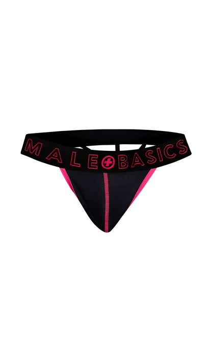 Black and pink male basics neon thong with bold logo waistband showing the back side of the product