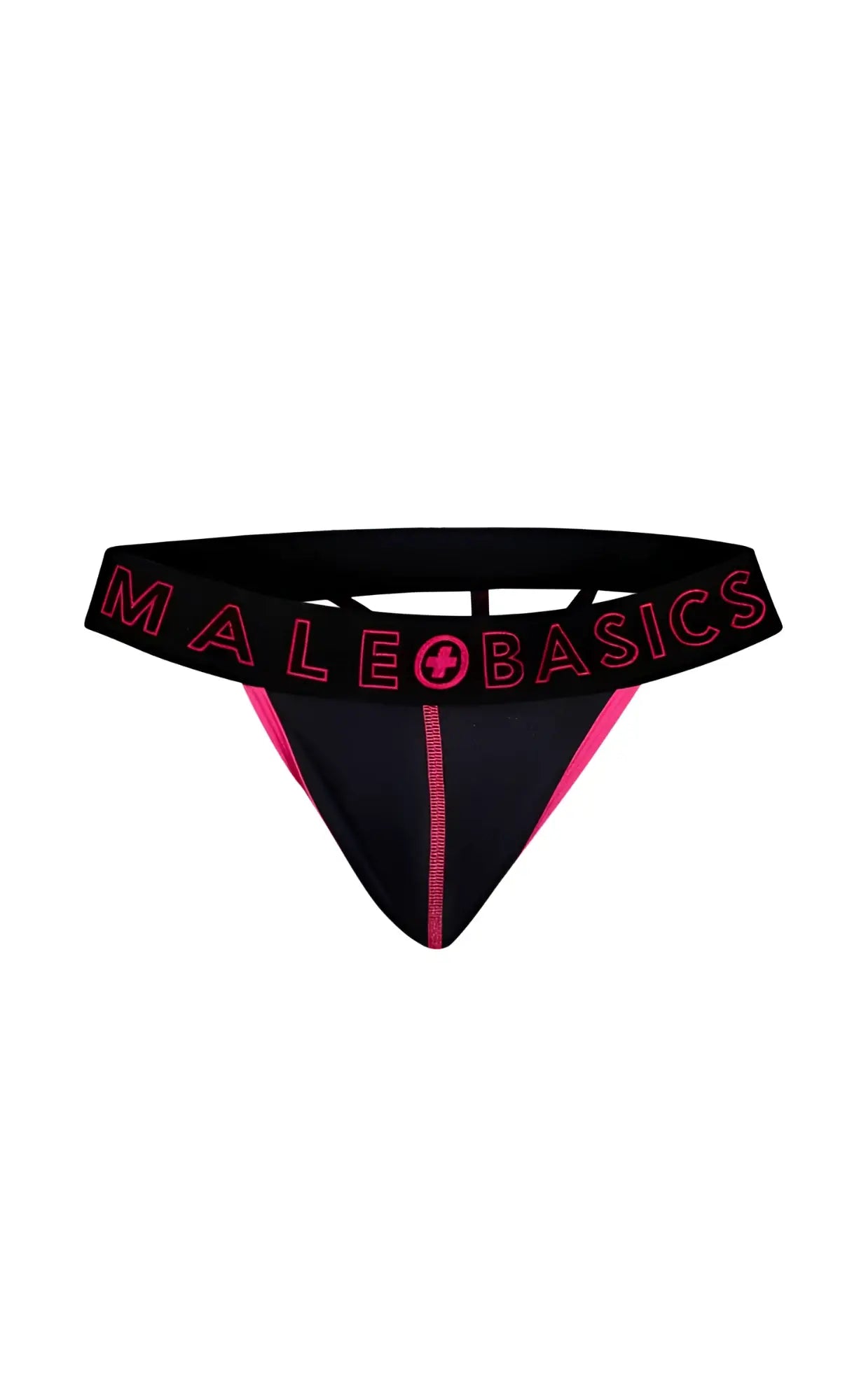 Black and pink male basics neon thong with bold logo waistband shown from the back side