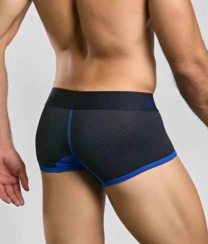 Malebasics neon trunk black athletic briefs with blue mesh panels and trim featuring a subtle logo on the waistband