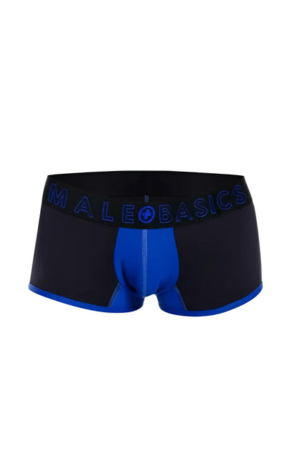 Male basics neon trunk boxer briefs in black and blue with a contrasting royal blue front panel for daily wear