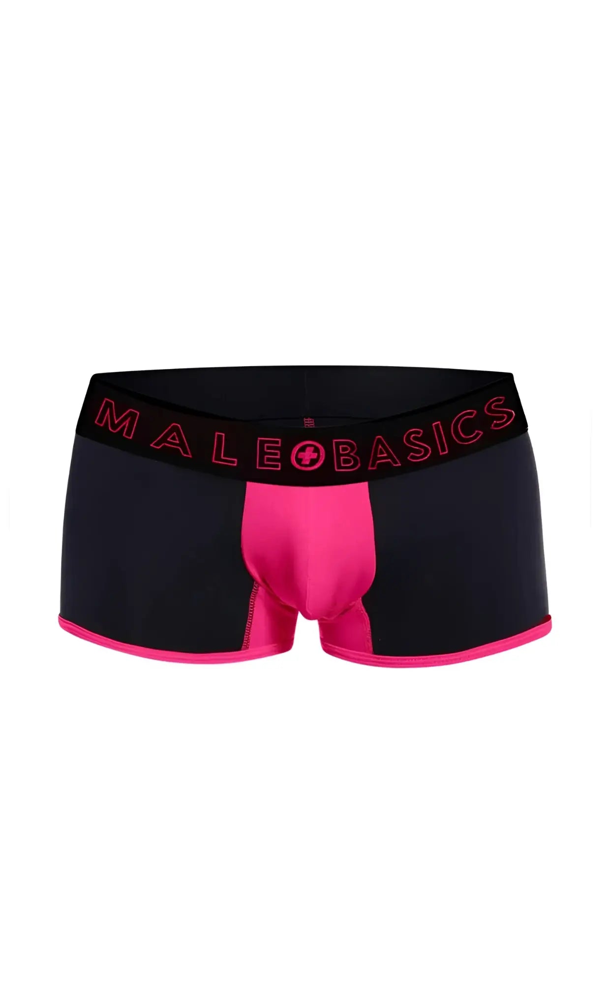Male basics neon trunk boxer briefs in black and bright pink with bold color-block design for everyday comfort