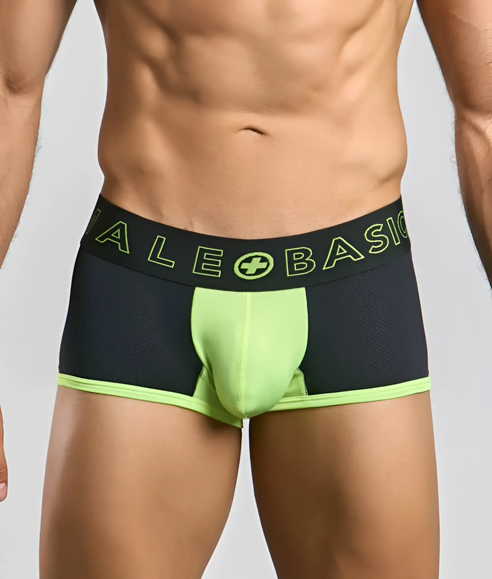 MaleBasics neon trunk black and neon green athletic briefs with mesh texture and glowing lime green ale basic waistband