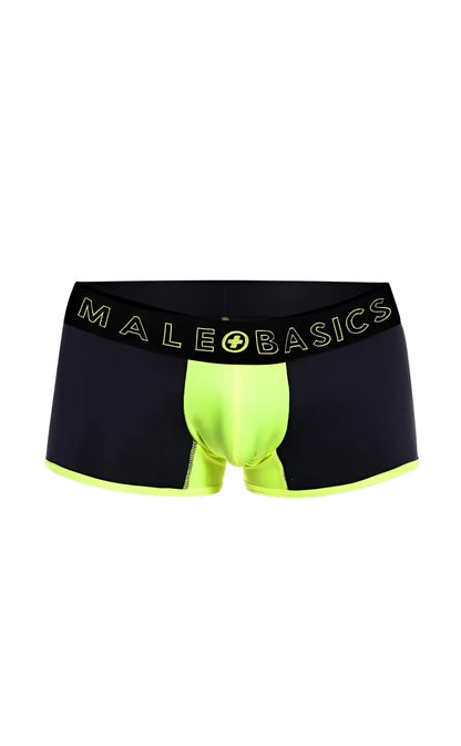 Black and neon green men’s boxer briefs with branded waistband from malebasics neon trunk collection