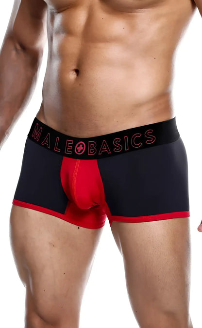 Male basics neon trunk black and red men’s boxer briefs with bold male basics logo on the waistband