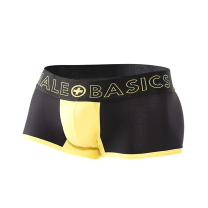 Black and yellow malebasics neon trunk briefs with textured fabric waistband and gold male plus bases logo