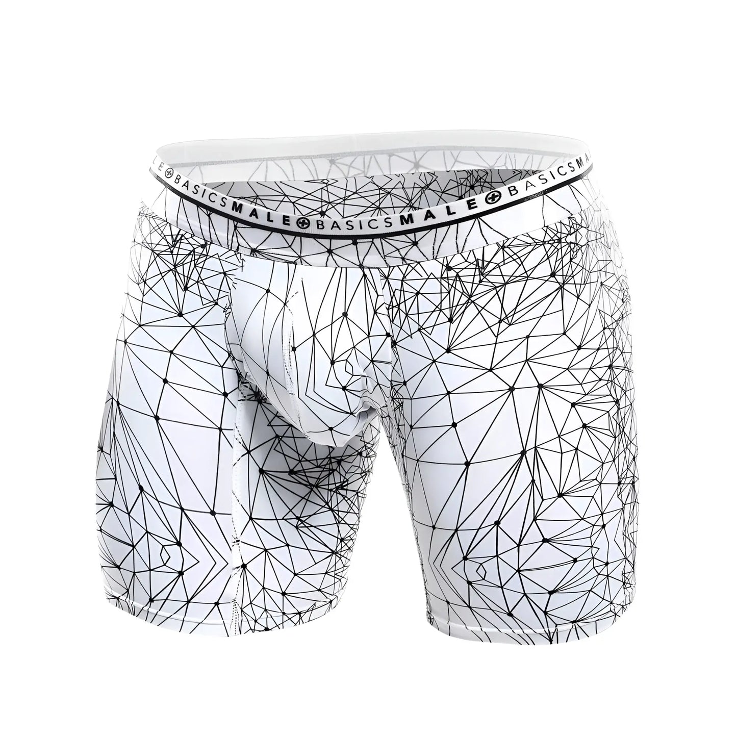 White boxer briefs with black geometric lines and branded elastic waistband from malebasics new hipster boxer brief spider collection