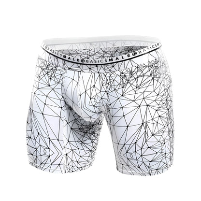 White boxer briefs with black geometric lines and branded elastic waistband from malebasics new hipster boxer brief spider collection