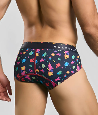 Malebasics new hipster brief black splash in black with vibrant multicolored paint splatter and red seam stitching