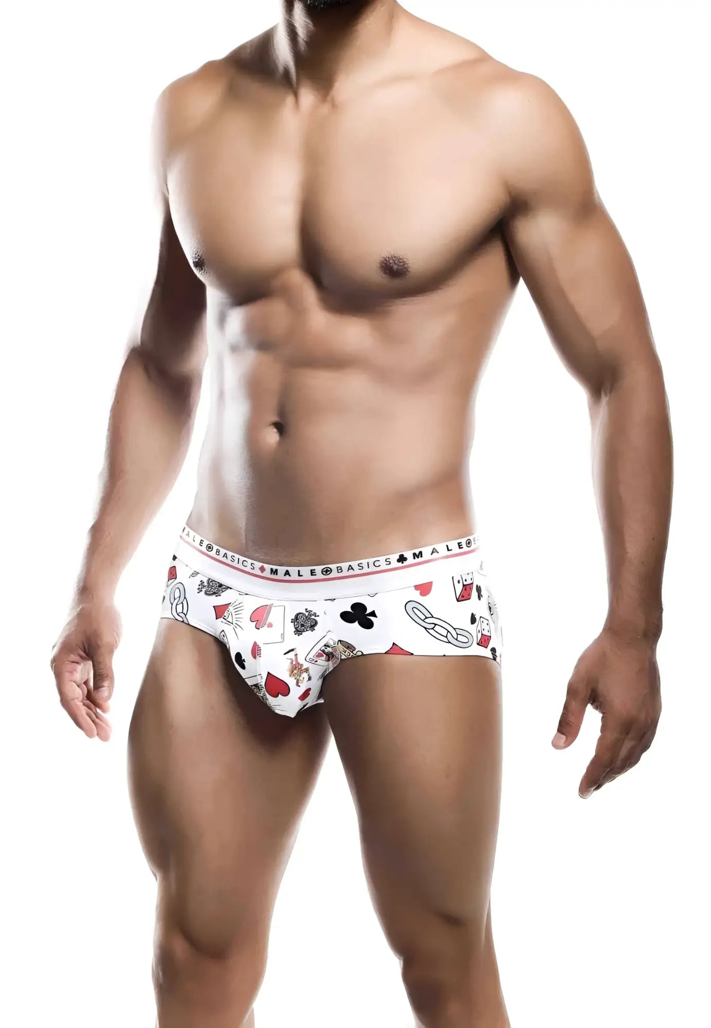 White malebasics new hipster briefs with red and black poker card symbols including hearts spades clubs diamonds and ace of spades