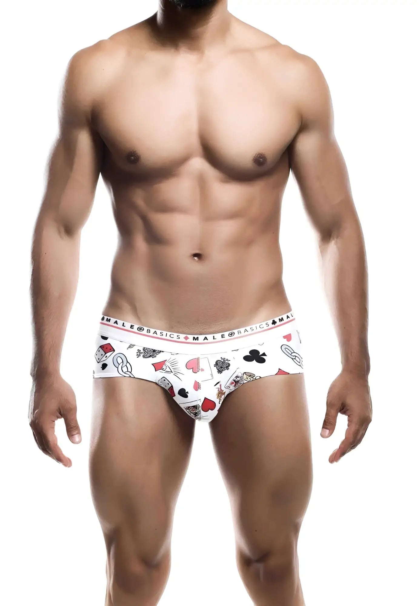 White men’s briefs with a playful poker card pattern and male basics branding on the waistband, malebasics new hipster brief poker
