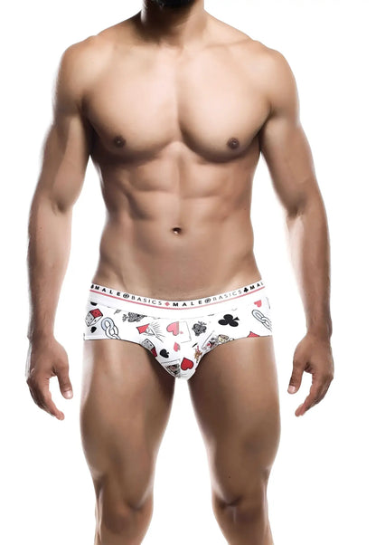 White men’s briefs with a playful poker card pattern and male basics branding on the waistband, malebasics new hipster brief poker