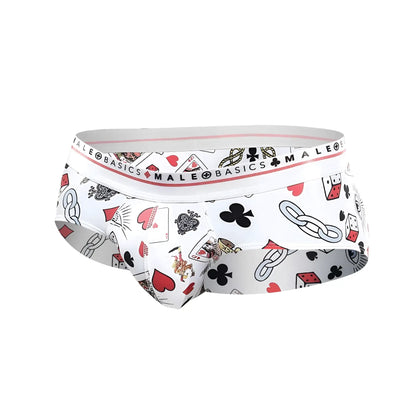 White men’s hipster briefs by malebasics with a playful poker pattern in black red and gray on white fabric