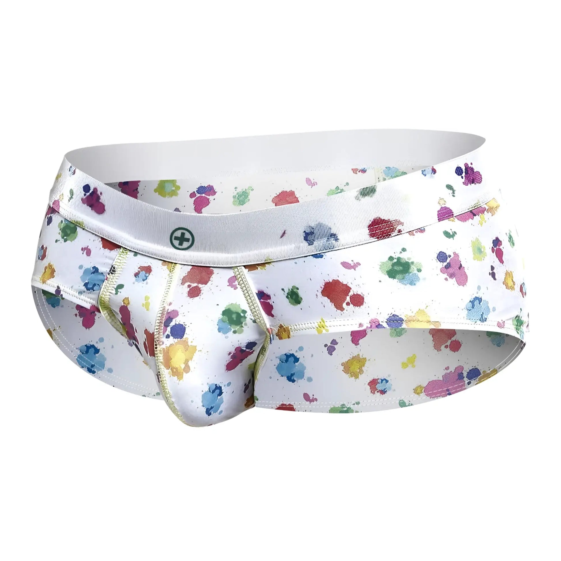 Malebasics new hipster brief white splash white briefs with multicolored paint splatter gold stitching and logo waistband